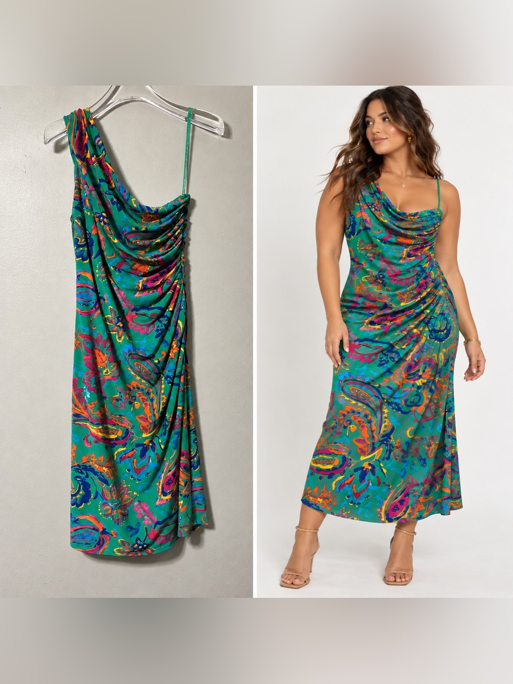 Lauren Ralph Lauren Dress One Shoulder Green Paisley Summer Wedding Guest Sz 12